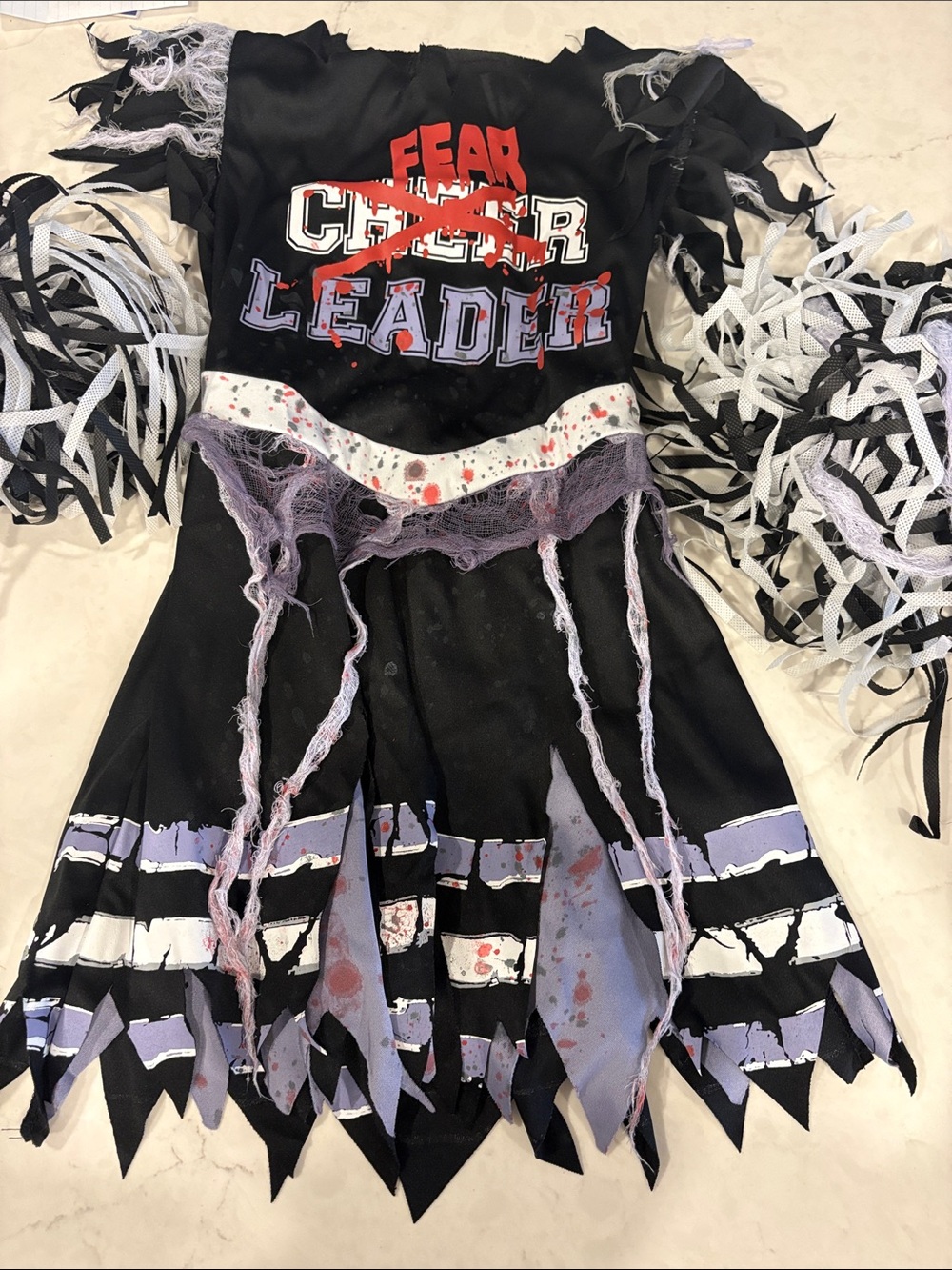Kids Black Zombie Cheerleader Costume with Purple Trim and Red Details
